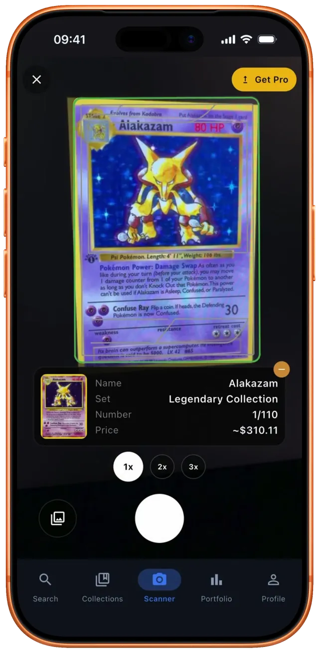 ValueMon scanner identifying an Alakazam card and showing its price